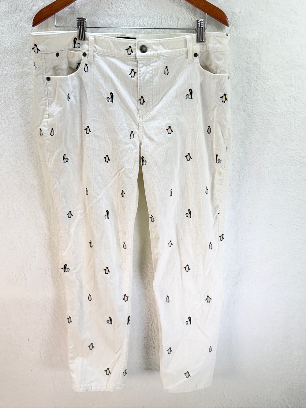 Talbots Petite Slim Ankle Corduroy Pants Cream with Embroidered Penguins 16P